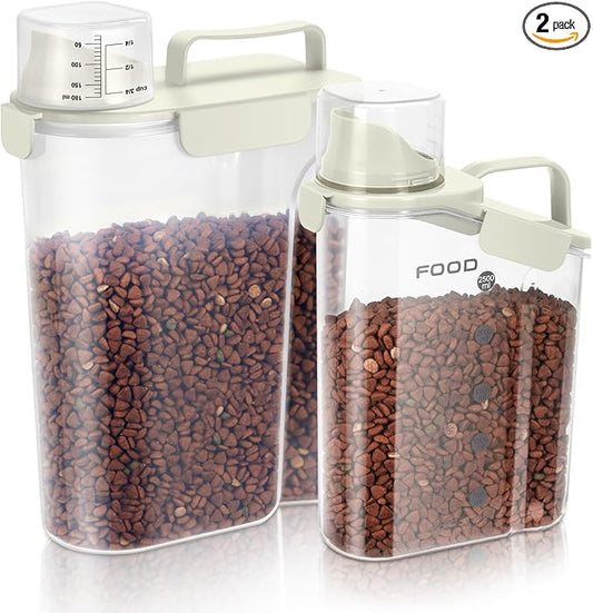 8-12 LBS Cat Dog Pet Food Storage Container, Plastic Dispenser Upgraded Large Nozzle, BPA-free, With Sealed Clasps, Measuring Cup and Handle, Easy to Clean and Carry -2 Packs Beige
