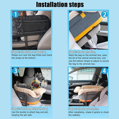 Pet Car Center Console Elevated Armrest Car Seat for Small Puppy, Dogs & Cats (Up to 10 lbs) – Dark Gray Washable Plush Carrier with Safety Leash, Fits Front Vehicle Console Space (Dark Grey)