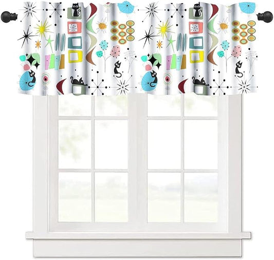 Mid Century Cat Window Valance Curtains, Retro Atomic Starburst Vintage Modern Abstract Geometric Pattern 50s 60s Curtains Valance for Bedroom Living Room Kitchen 54x18inch