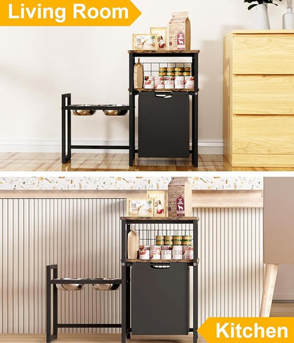 30.6Long x 26.2 High Elevated Dog Bowl Stand with Pet Food Storage Organizer, Adjustable Raised Feeding Station with Toy Basket for Large Medium Small Dogs and Cats, Black