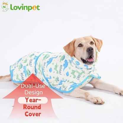 LovinPet 3‑in‑1 Dog Warm Winter Coat & Bathrobe, Hooded Dinosaur Fleece, Lightweight High‑Loft, Absorbent Knit, Quiet Hook‑and‑Loop, Wind‑Blocking Edges, Dog Robes for Medium & Large Dogs, White,2XL
