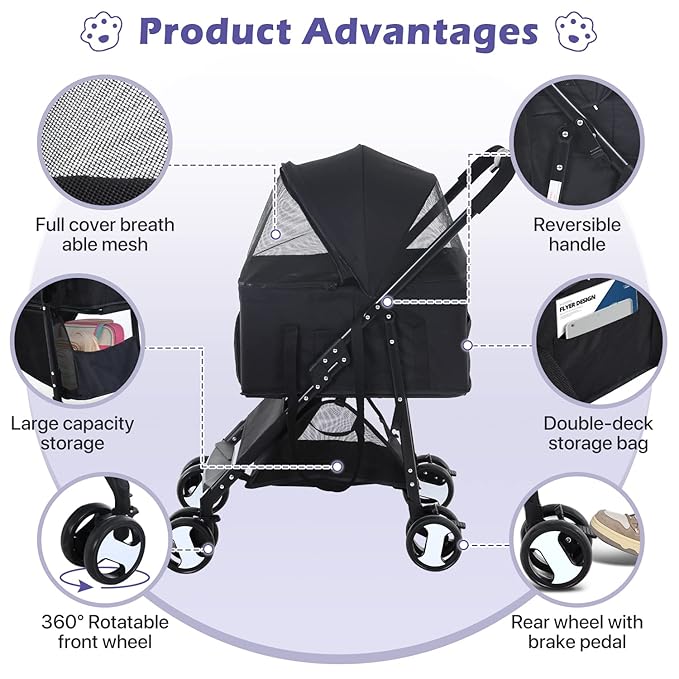 3-in-1 Folding Pet Stroller for Medium Small Dogs Cats - 4 Wheels Lightweight Travel With Detachable Carrier, Black