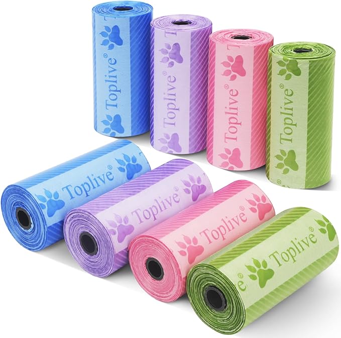 Toplive Dog Poop Bags Rolls, Pet Waste Bags, Extra Thick Strong Leak-Proof Dog Bag for Poop 8 Rolls (120 Bags), Assorted Colors with Cute Prints