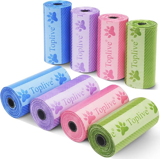 Toplive Dog Poop Bags Rolls, Pet Waste Bags, Extra Thick Strong Leak-Proof Dog Bag for Poop 8 Rolls (120 Bags), Assorted Colors with Cute Prints