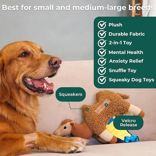 Snuffle Dogs Toys Plush Stuffed Puppy Toy No Squeaky Treat Hide for Large, Medium, Small Dogs and Puppies Slow Feeder, Machine Washable, Pet Supplies Toys for Dogs to Keep Them Busy, Camel