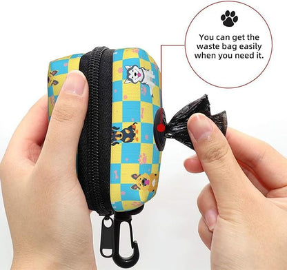 Dog Poop Bag Holder for Leashes - Lightweight Pet Waste Bags Dispenser Doggy Zippered Pouch for Puppy Walking Accessories(Plaid Dog Paw Print Bones)