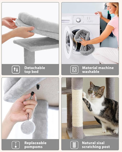 MUTTROS Cat Tree for Large Cats, 59-inch Tall Cat Tower with 3 Removable Pompom Sticks, Condo, Large Hammock, Scratching Post & 2 Perches, Grey
