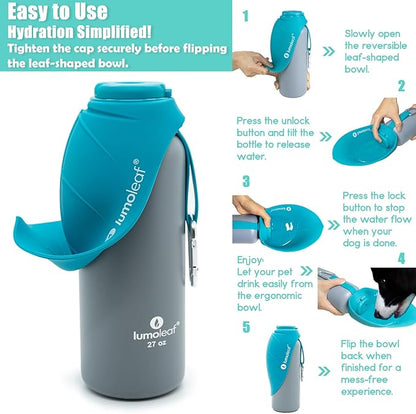 LumoLeaf Insulated Dog Water Bottle 27 oz Stainless Steel - Keep Water Cool or Warm, Portable Pet Water Bowl for Travel, Wide Mouth for Easy Ice Filling & Cleaning