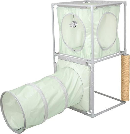 Kitty City Cozy Cube Retreat Cat Tower with Tunnel, Scratching Post & Hanging Toy, Dual-Level Indoor Cat Play Furniture for Climbing, Hiding & Lounging, Green
