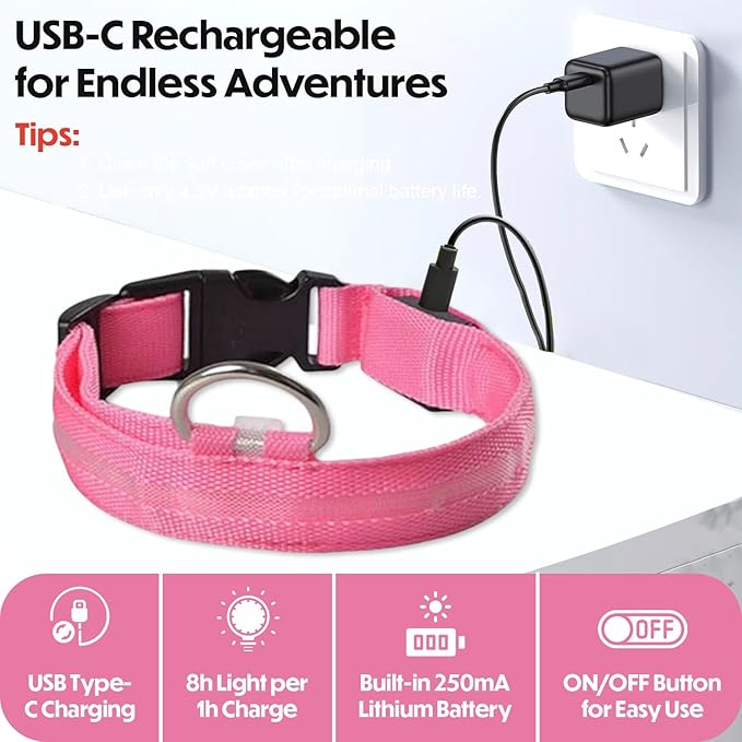 Light Up Dog Collar – Reflective, Adjustable & Rechargeable Electronic Glow Pet Collars – Bright, Comfortable, High Visibility LED Dog Collar for Night Safety, Outdoor Walk, Flashing Fun, Pink, Medium