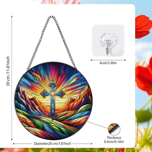 Stained Glass Window Hanging, 7.8″ Cross Sun Catchers with Hook Indoor Window Decor, Decorative Suncatchers Hanging Ornaments Home Garden Art Gift for Housewarming