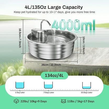 Cat Water Fountain, 4L/135OZ Stainless Steel Pet Fountain with 3 Filters Dog Water Dispenser, Dog Water Bowl Cat Drinking Fountains Watering Supplies with Ultra-Quiet Pump for Pets Indoor