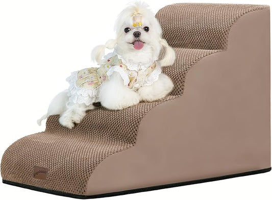 gogobunny Ramp Cat Dog Stairs for Beds, Cat Slope Stairs with Durable Waterproof Fabric Cover, Pet Steps for Old Large Dogs Climbing (Camel, 4-Step (28.3" D x 15.7" W x 19.7" H), 4)