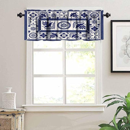 Mexico Valance Curtains Mexican Traditional Talavera Style Tiles Floral Pattern Window Treatment Valances Short Curtains Rod Pocket Drape for Dining Room Home Kitchen Decor, 54x18inch