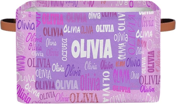 Personalized Foldable Storage Basket with Name, Laundry Hamper Dirty Clothes Pet Toys Storage Bin with Handles for Shelf Home Closet Kitchen, Purple and Pink Background