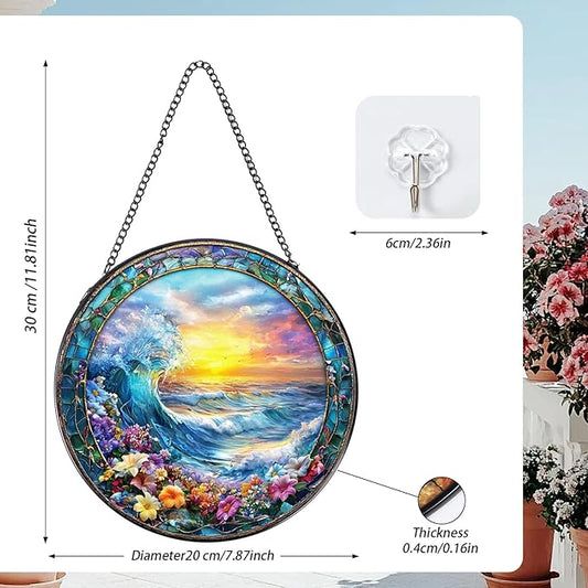 Stained Glass Window Hanging, 7.8″ Clouds and Sea Waves Sun Catchers with Hook Indoor Window Decor, Decorative Suncatchers Hanging Ornaments Home Garden Art Gift for Housewarming