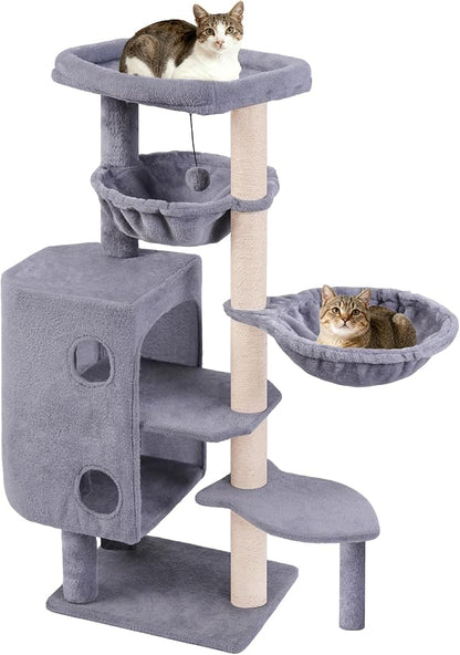 HUITREE 45in Cat Tree Tower with Big Condo for Indoor Cats,Cat Tower with Scratching Post,Scratching Board and Cat Toys,Multi-Level,Small Space,Transformer Cat Tree (Grey+)