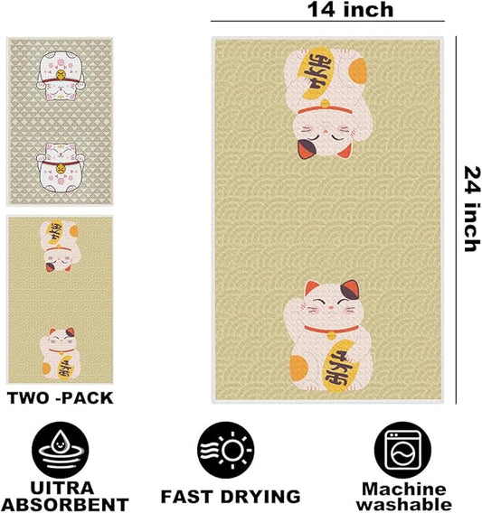 2 Pcs Japanese Lucky Cat Kitchen Towels 24x14 Inch, Maneki Neko Gifts Reusable Dish Towels for Kitchen Bathroom Decor, Waffle Weave Hand Cloth Tea Towel, Cute Cat Gifts for Women Mom Friend