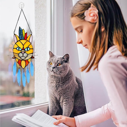 BOXCASA Orange Cat Decor: Stained Glass Window Hangings and Suncatcher - Indian Feathers Decoration for Cat Lovers