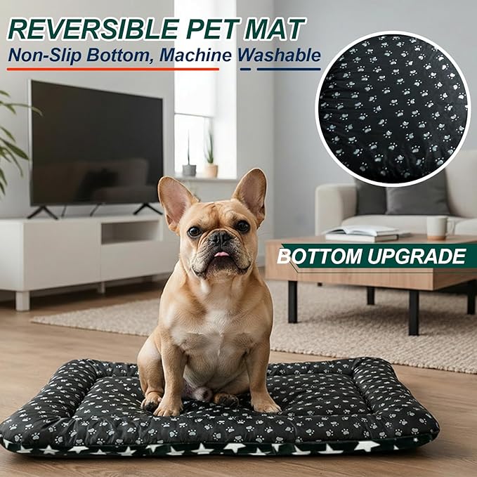 Washable Dog Bed Mat with Anti-Slip Bottom, Deluxe Plush Memory Foam Crate Pad & Waterproof Outdoor Kennel Mat for Dogs & Cats-Durable Crates Beds, Large Medium Small Puppy Size24 x 18",Green