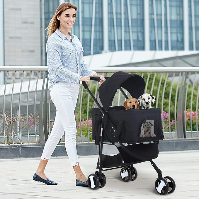 3-in-1 Folding Pet Stroller for Medium Small Dogs & Cats - 3 Wheels, Lightweight Travel Stroller with Detachable Carrier, Black