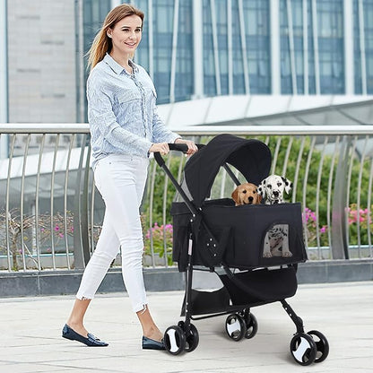 3-in-1 Folding Pet Stroller for Medium Small Dogs & Cats - 3 Wheels, Lightweight Travel Stroller with Detachable Carrier, Black