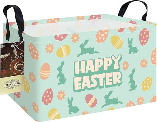 HUNRUNG Rectangle Storage Basket Cute Canvas Organizer Bin for Pet/Children Toys, Books, Clothes Perfect for Rooms/Playroom(REC-Green Easter Egg)
