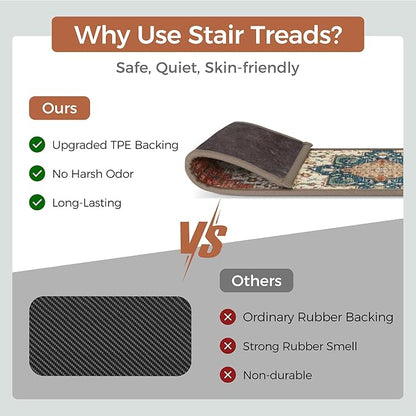 Non Slip Stair Treads for Wooden Steps 15PCS - 8"x30" Indoor Safety Carpet, Edging Mats with TPE Adhesive Backing, Pet and Elderly Friendly Stair Rugs (Red)