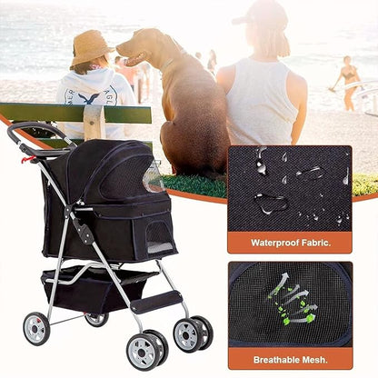 Dog Stroller Pet Stroller Cat Stroller for Medium Small Dogs Foldable Travel 3 Wheels Waterproof Puppy Stroller,Multiple Colors (Black)