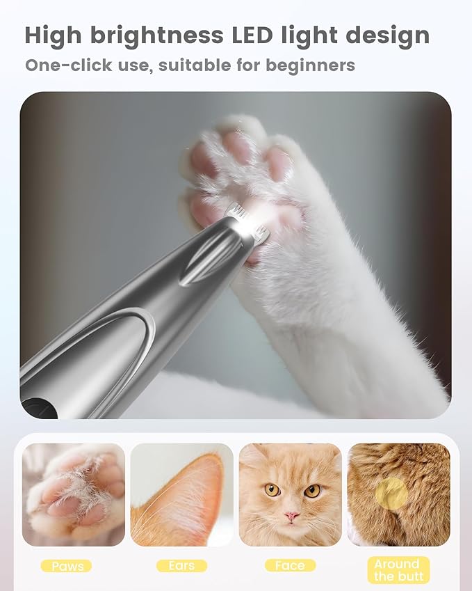 Dog Grooming Kit with LED Display, 35dB Ultra-Low Noise Dog Paw Trimmer, Cordless Hair Trimmer for Paws, Ears, Face, Rump with LED Light (Light Sliver)