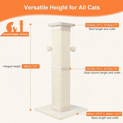 SOCATER Cat Scratching Post 33 Inch Nature Sisal Cat Scratch Post for Indoor Cats, Large Cat Scratcher Protect Your Furniture, for All Breeds