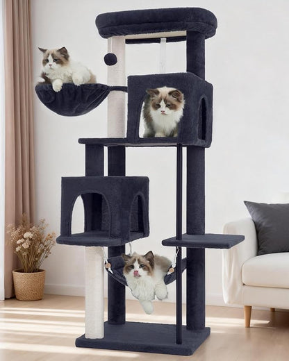 Gitelsnour 51.2'' Cat Tree Tower, Cat Tower with Scratching Post, Sturdy Steel Pube Cat Tree for Inoor Cats Large Adult, Cat Hammock and Basket, Padding Top Platform, Drak Gray GCT014G