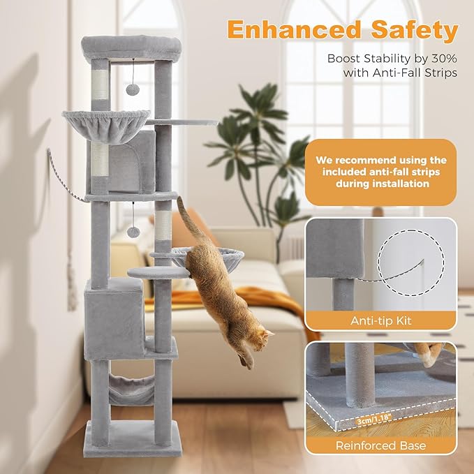 MUTTROS 71.2" Tall Cat Tree for Indoor Cats - 9-Level Multi-Cat Tower w/5 Sisal Scratching Posts, 2 Condos, 3 Hammocks, Perch & Pom Poms - Heavy-Duty for Adult Cats, Space-Saving Plush Gray