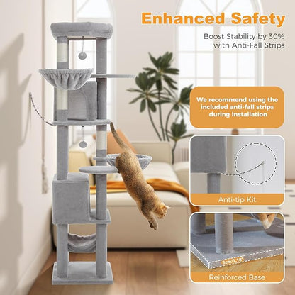 MUTTROS 71.2" Tall Cat Tree for Indoor Cats - 9-Level Multi-Cat Tower w/5 Sisal Scratching Posts, 2 Condos, 3 Hammocks, Perch & Pom Poms - Heavy-Duty for Adult Cats, Space-Saving Plush Gray