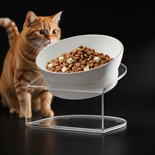LivLab Mker Raised Cat Bowl, Elevated Cat Food Bowls with Stand - 15° Tilted Shallow Cat Dish for Whisker Fatigue Relief, 4.5" Height for Easy Feeding, Lead & Cadmium Free Melamine Bowl, White