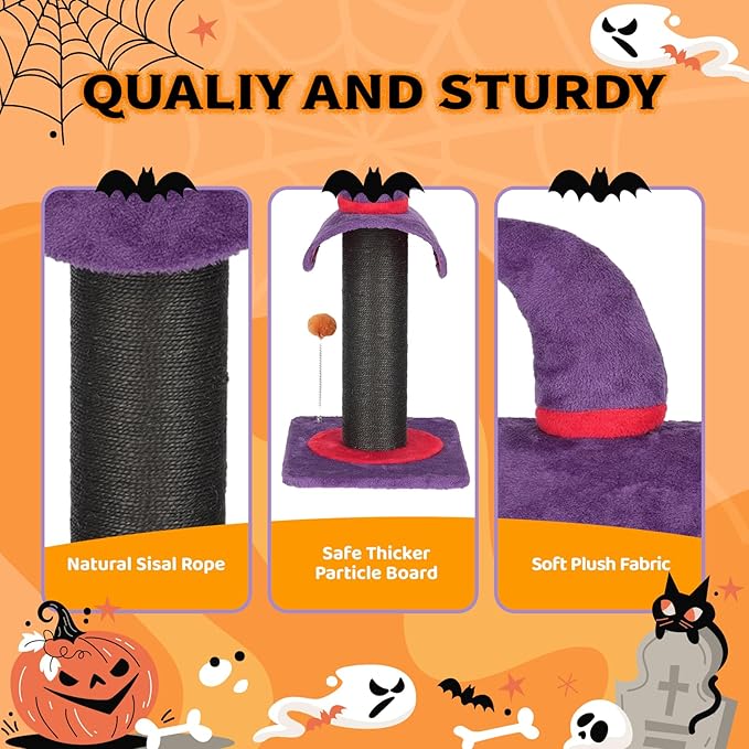 VINGLI 23.7in Wizard Hat Cat Scratching Post with Spring Ball Toy for Indoor Cats, Halloween Cat Scratcher with Purple Wizard Hat Design, Sisal Wrapped Cat Scratcher