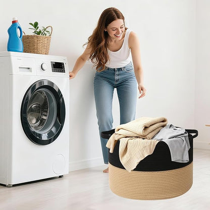 90L Large Blanket Basket,21.7"L x 21.7"W x 13.8"H Rope Woven Baskets with Handles, Toys Storage Bins,Laundry Basket Perfect for Living Room, Nursery,Bedroom,Home Organization,Black&Camel