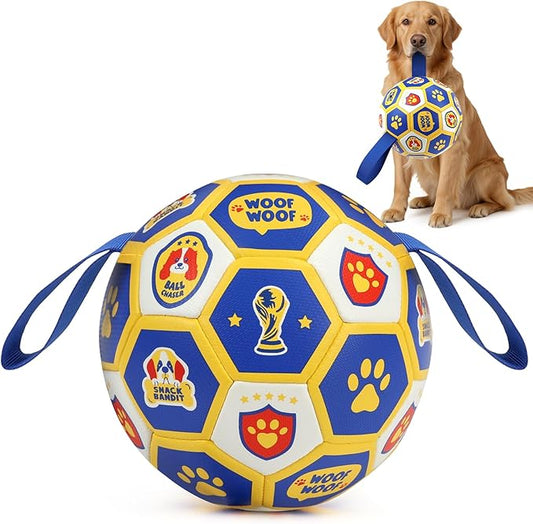 Vivifying Dog World Cup Soccer Ball Toy, 8 Inch Floatable Interactive Dog Toy for Large and Extra Large Dogs, Durable PU Enrichment Ball with Nylon Straps for Outdoor Fetch, Training & Playing