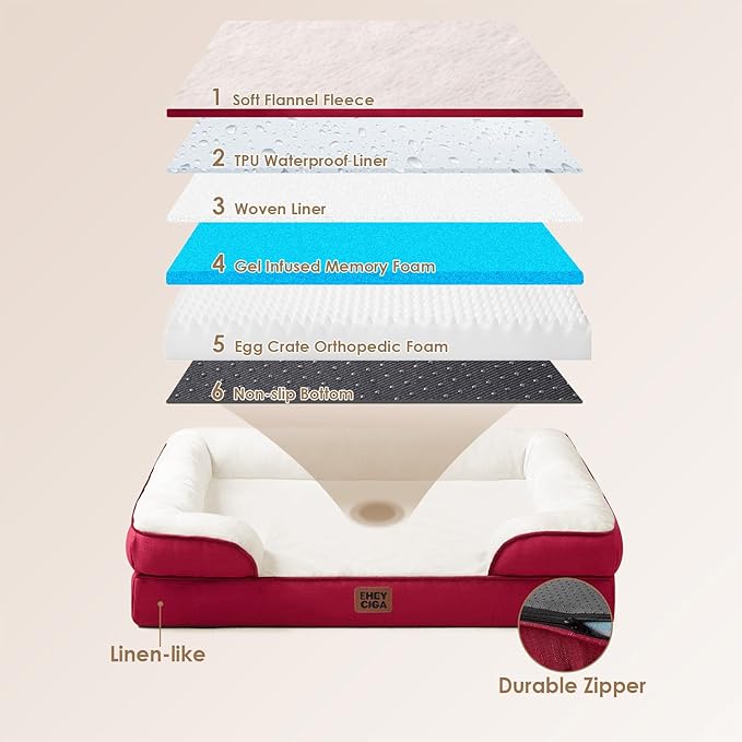 EHEYCIGA Orthopedic Dog Beds for Large Dogs, Waterproof Memory Foam Large Pet Bed with Sides, Non-Slip Bottom and Egg-Crate Foam Dog Couch Bed with Washable Removable Cover,Red