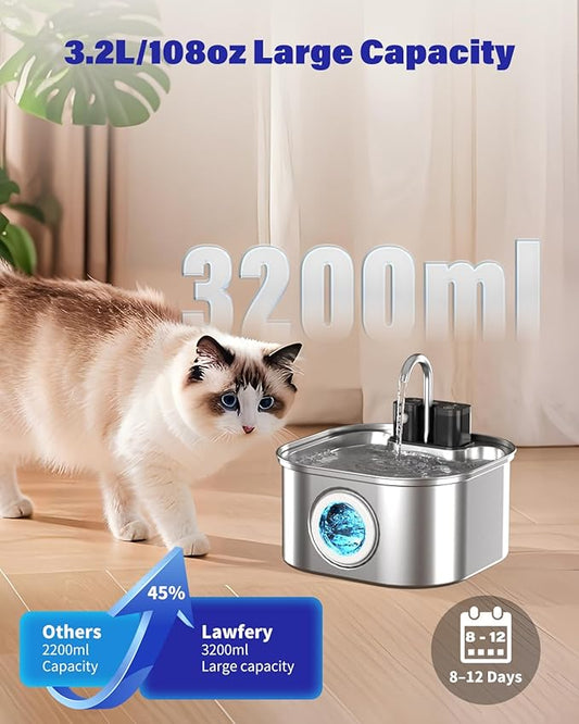 Lawfery Wireless Cat Water Fountain Stainless Steel 3.2L/108oz, Battery Operated Pet Fountain with 3 Modes, Cordless Pet Water Dispenser for Cats and Dogs