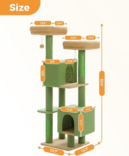 MUTTROS 52.4" Cactus Cat Tree, Cute Cat Tower for Indoor Cats with 2 Padded Perches, 2 Cozy Condos & Sisal Scratching Posts, Green
