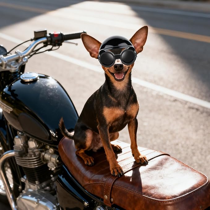 PETLESO Extra Small Dog Goggles and XSmall Dog Helmet, 2Pcs Anti-UV Doggy Sunglasses Cat Motorcycle Protecetive Helmet Set, Chihuahua Safety Hard Hat Outdoor Head & Eyes Protection, Black XS