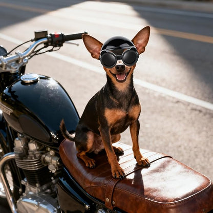 PETLESO Extra Small Dog Goggles and XSmall Dog Helmet, 2Pcs Anti-UV Doggy Sunglasses Cat Motorcycle Protecetive Helmet Set, Chihuahua Safety Hard Hat Outdoor Head & Eyes Protection, Black XS