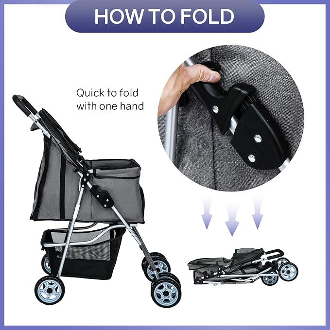 BestPet 4Wheels Pet Dog Stroller for Folding Lightweight Cat Travel Stroller with Cup Holder,Grey