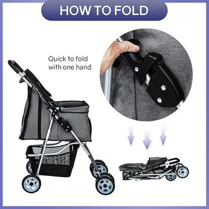 BestPet 4Wheels Pet Dog Stroller for Folding Lightweight Cat Travel Stroller with Cup Holder,Grey