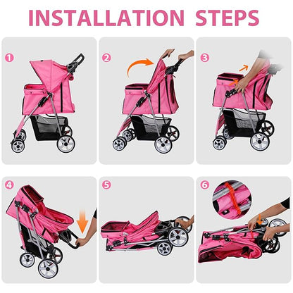LEMY Foldable Pet Stroller,4 Wheels Cat/Dog Stroller with Weather Cover for Small/Medium Dogs and Cats,Pink Pet Strolling Cart with Storage Basket and Cup Holder