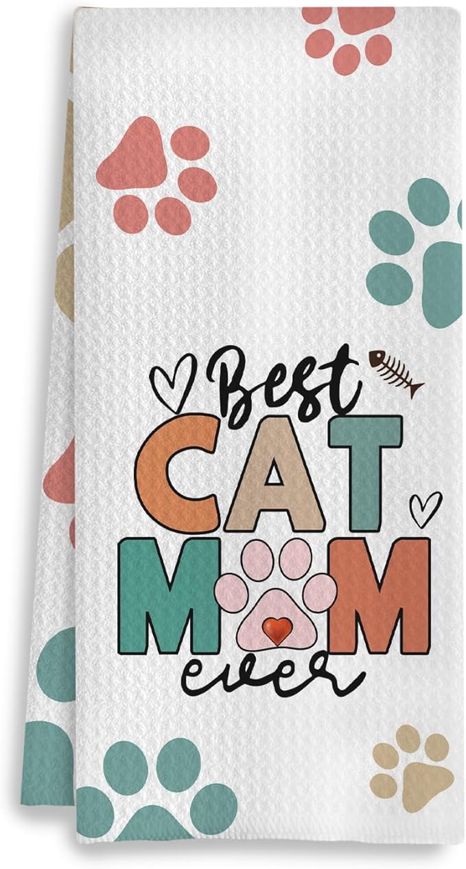 Best Cat Mom Ever Kitchen Towels, Cat Mom Lady Lover Gifts for Women, Cute Kitty Kitten Paw Decorative Dish Tea Hand Towels for Kitchen Bathroom, 16x24 Inches(Style C)