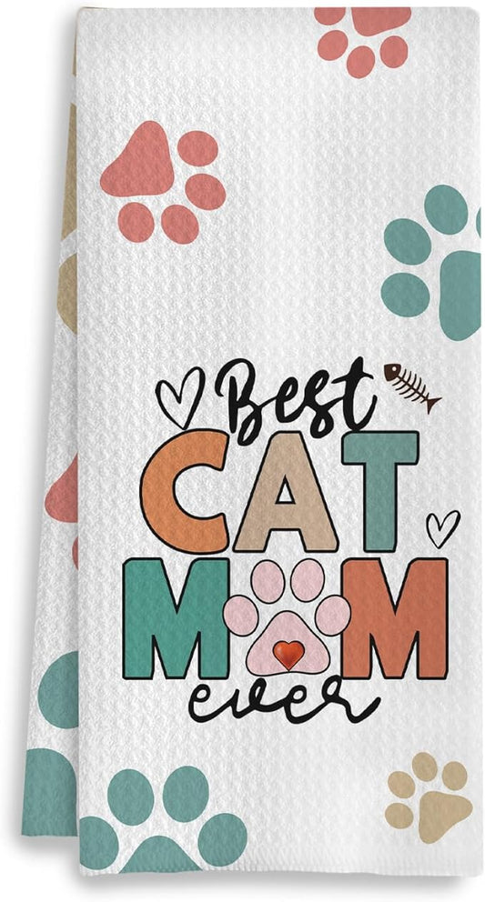 Best Cat Mom Ever Kitchen Towels, Cat Mom Lady Lover Gifts for Women, Cute Kitty Kitten Paw Decorative Dish Tea Hand Towels for Kitchen Bathroom, 16x24 Inches(Style C)