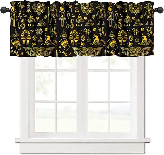 Ancient Egypt Valance Curtains Vintage Egyptian Culture Symbol Mysterious Egypt Tribal Ethnic Gold Black Window Valance Curtain for Farmhouse Bedroom Living Room Kitchen 54x18inch