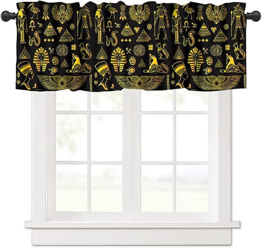 Ancient Egypt Valance Curtains Vintage Egyptian Culture Symbol Mysterious Egypt Tribal Ethnic Gold Black Window Valance Curtain for Farmhouse Bedroom Living Room Kitchen 54x18inch